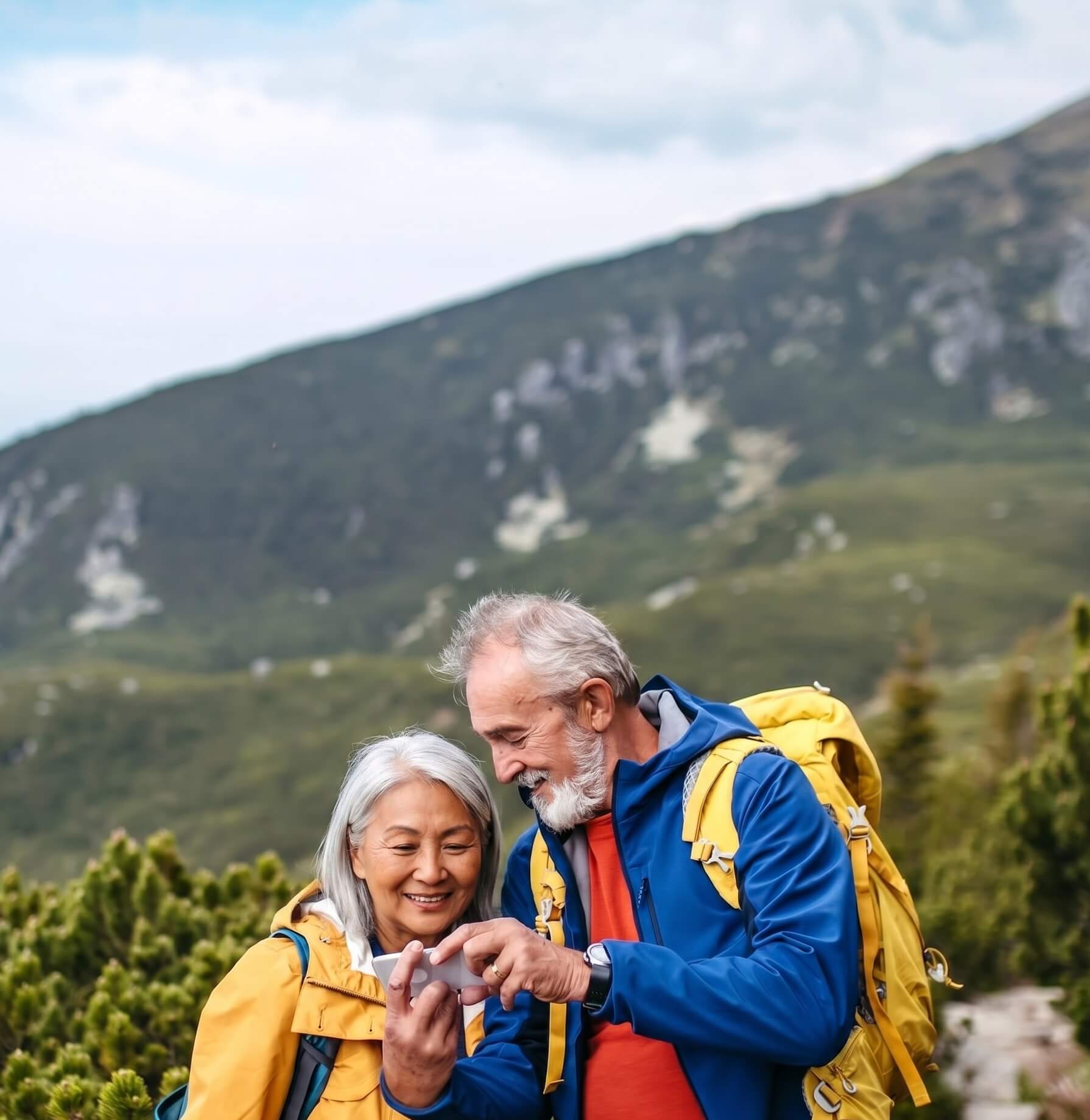 Couple in their 60s hiking outdoors, smiling and energetic