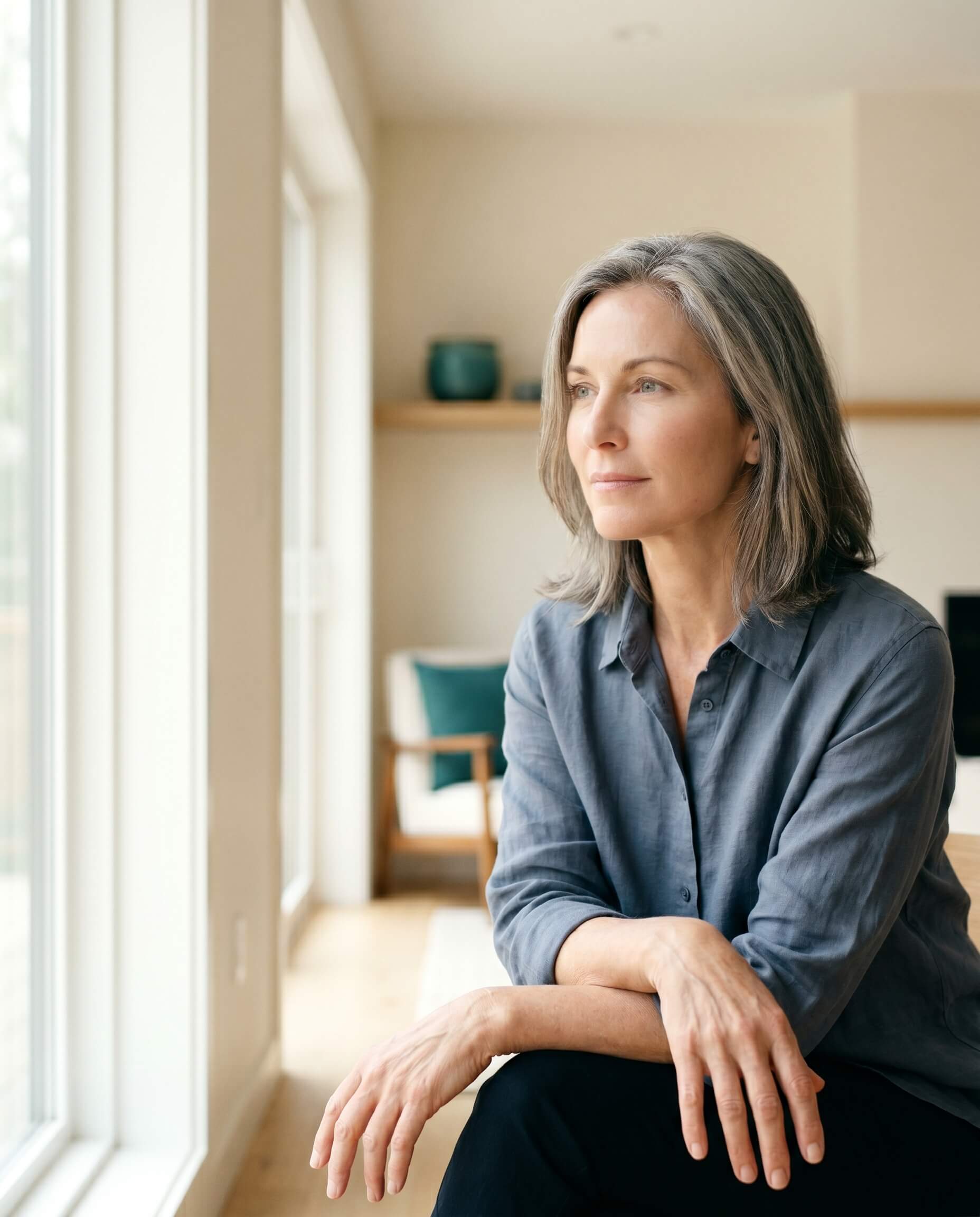 Margaret, a BaroShift Member, looking out a window.