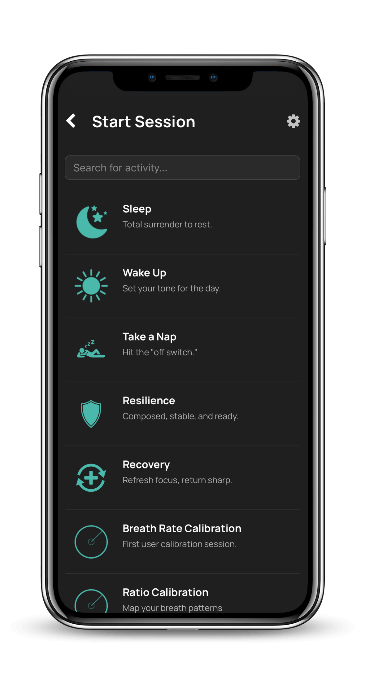 BaroShift app session picker listing sleep, wake up, nap, resilience, recovery, and calibration sessions