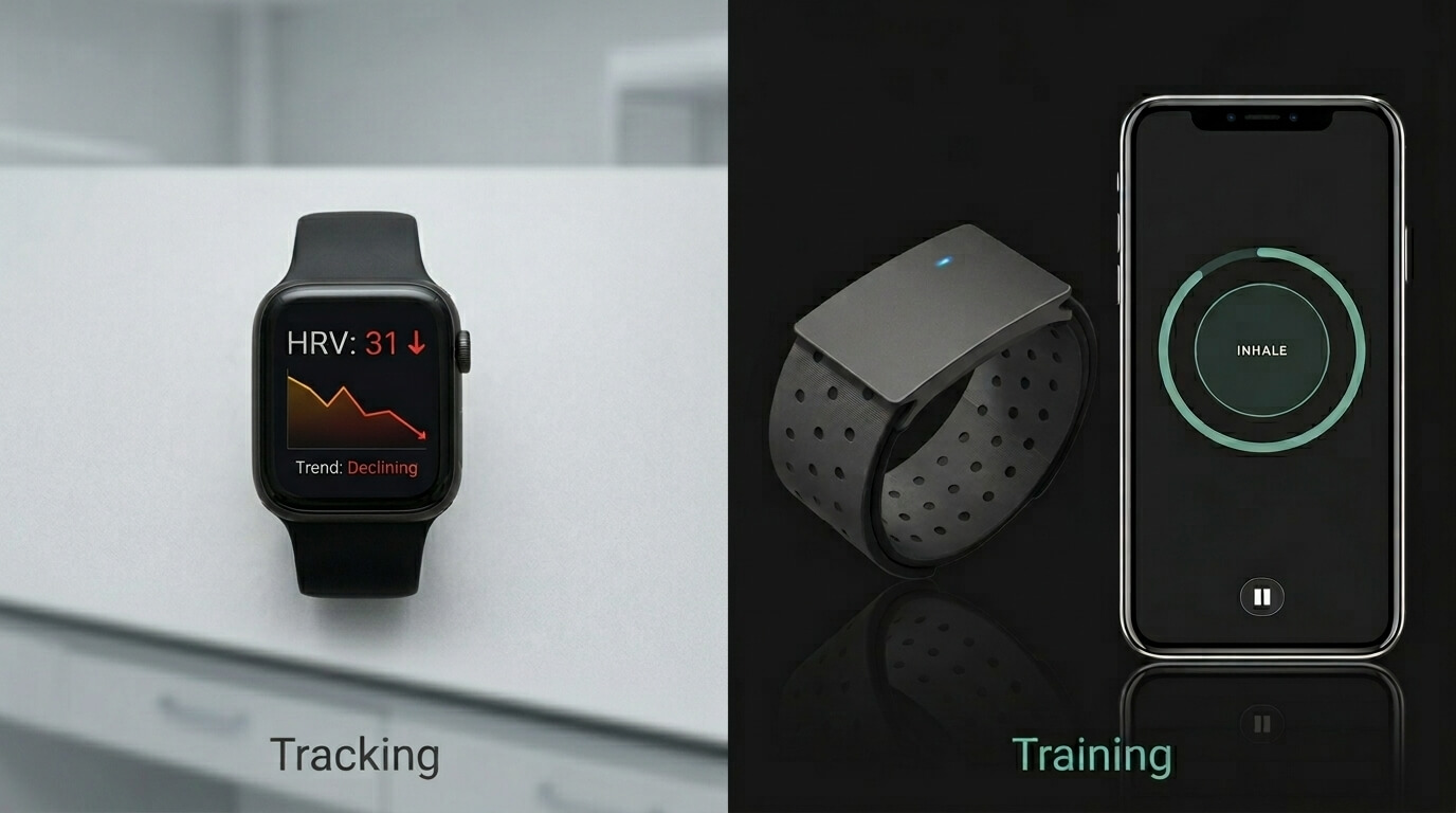 Tracking vs Training — passive HRV tracking on the left, BaroShift active training on the right