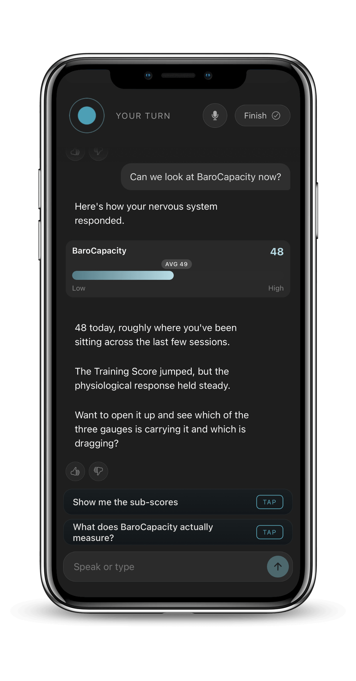 BaroShift app Vega coach conversation explaining a BaroCapacity score, with voice input