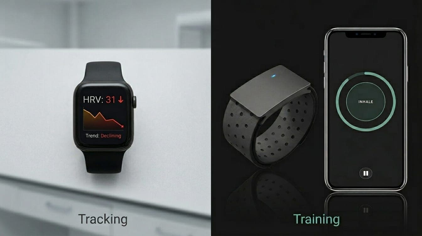 Tracking vs Training — passive HRV tracking on the left, BaroShift active training on the right