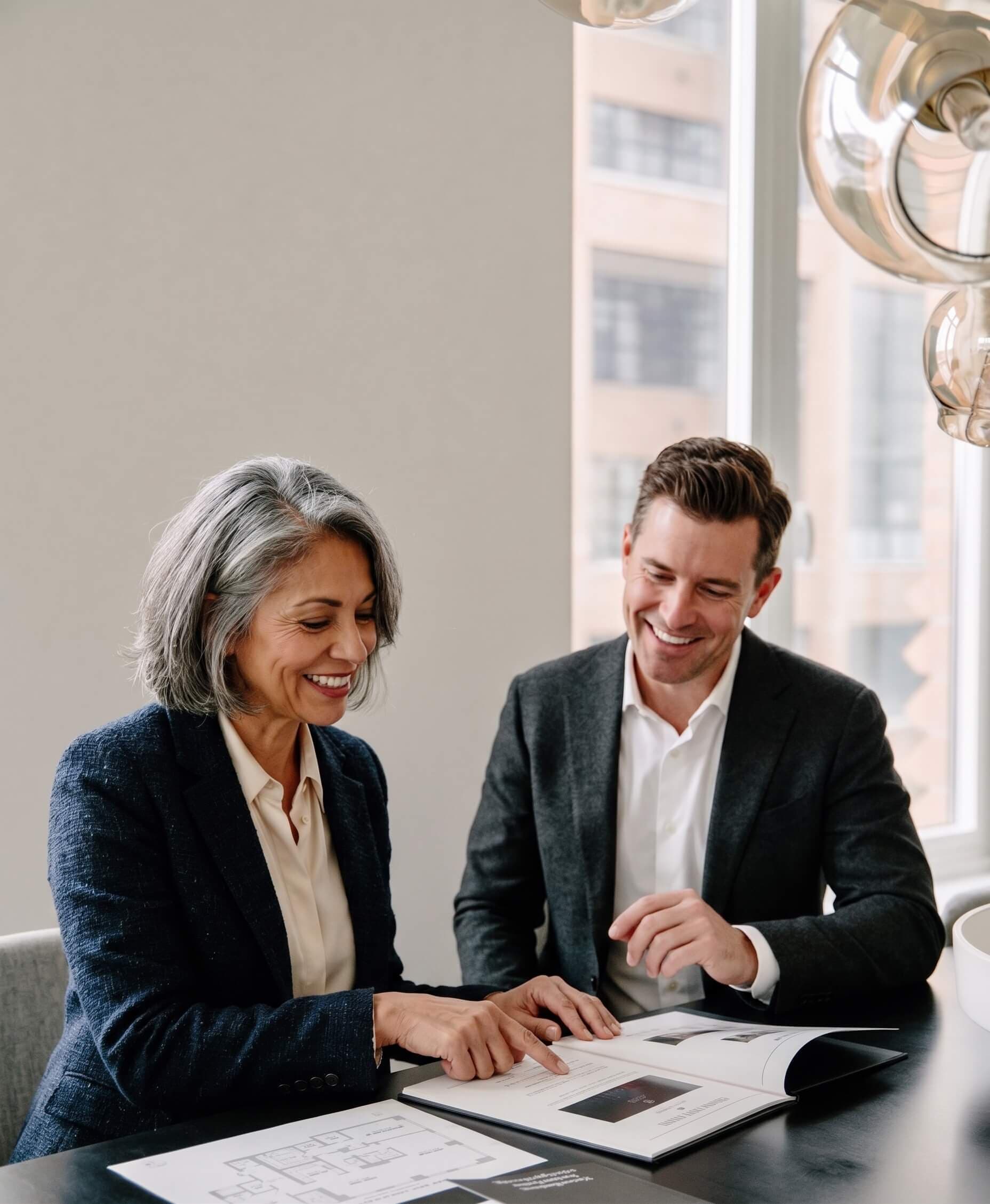 Two professionals collaborating at a desk, reviewing work together