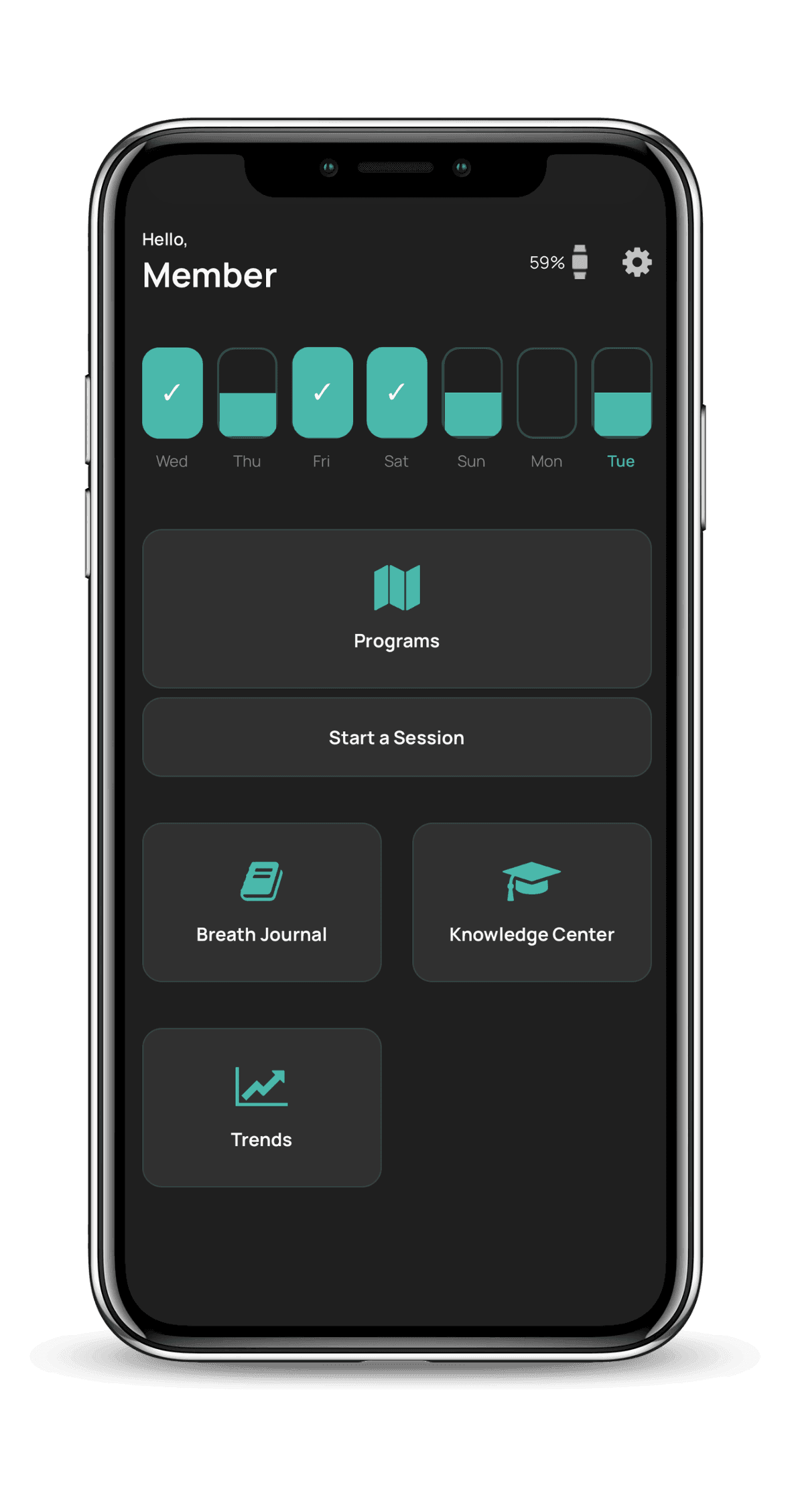 BaroShift app home screen showing the weekly training streak, programs, and session shortcuts