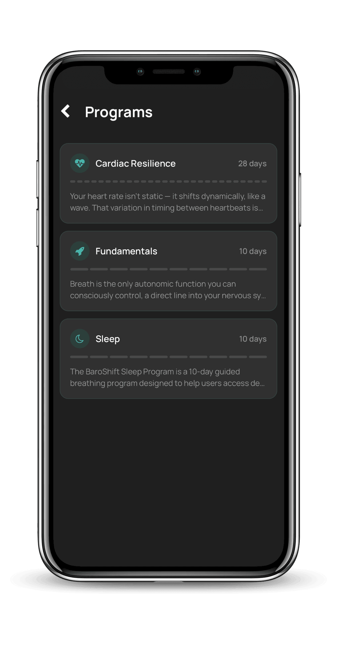 BaroShift app programs screen listing Cardiac Resilience, Fundamentals, and Sleep tracks