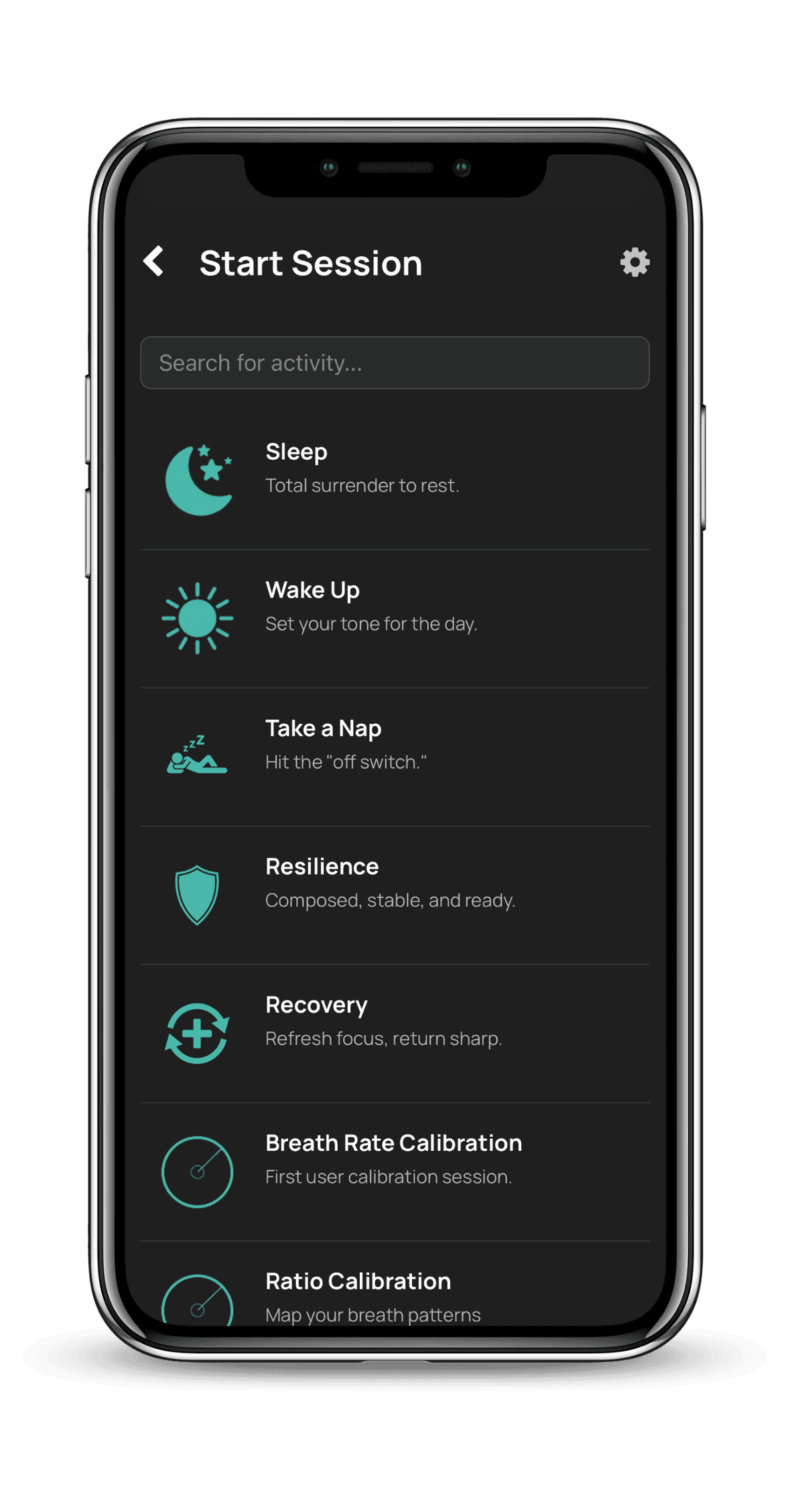 BaroShift app session picker listing sleep, wake up, nap, resilience, recovery, and calibration sessions