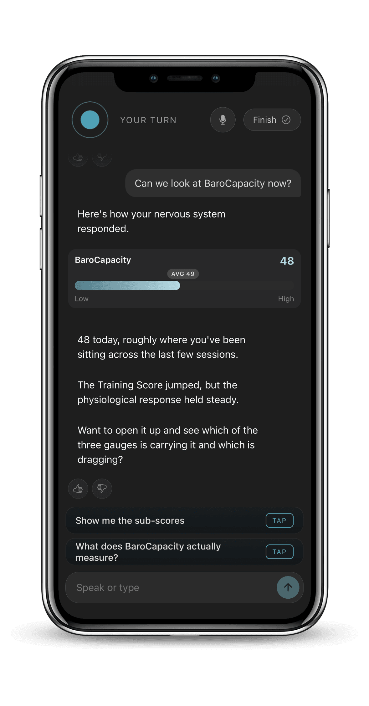 BaroShift app Vega coach conversation explaining a BaroCapacity score, with voice input