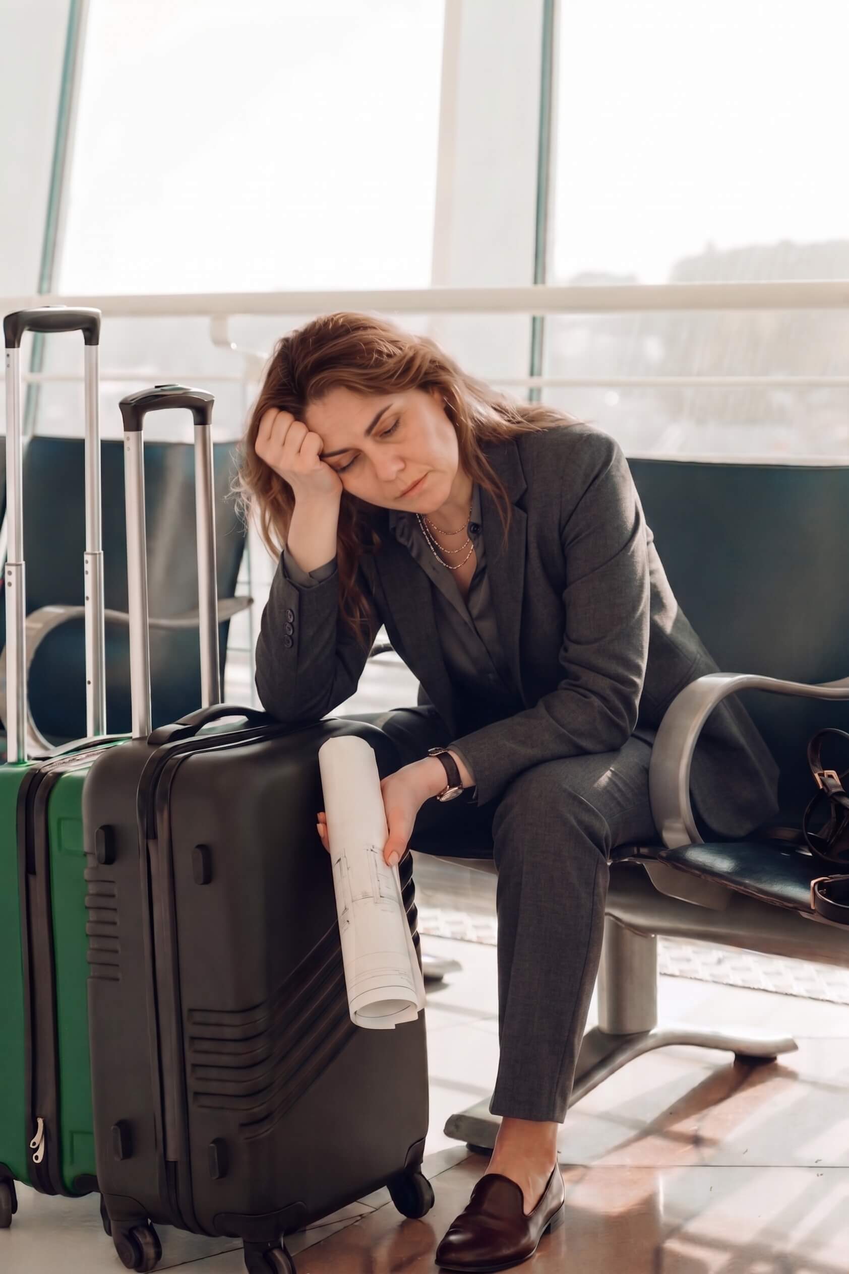 Woman in her 40s looking stressed or fatigued in an airport terminal