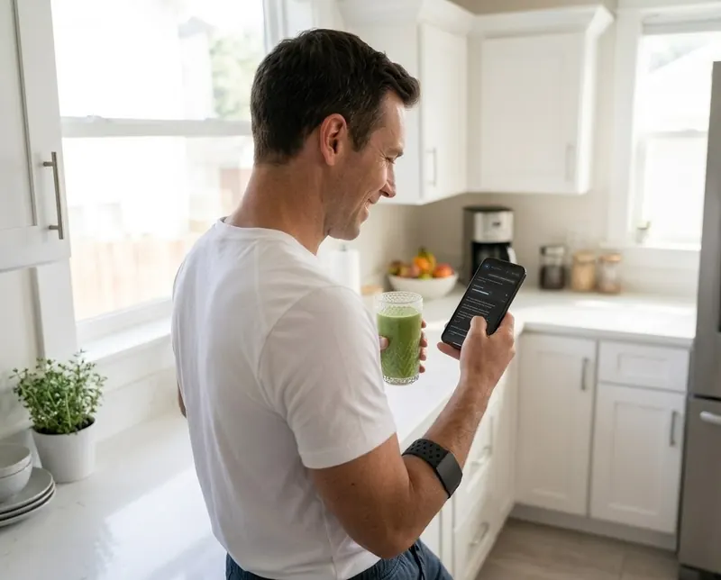 A man in his kitchen reading his session results on his phone, Armband on