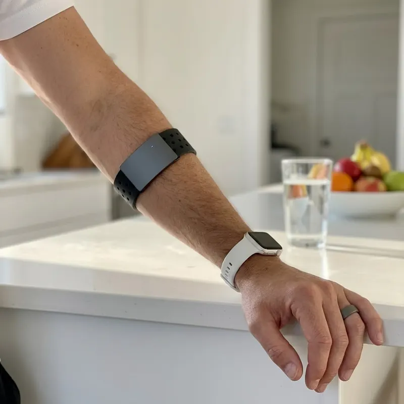A forearm wearing the BaroShift Armband next to a smartwatch