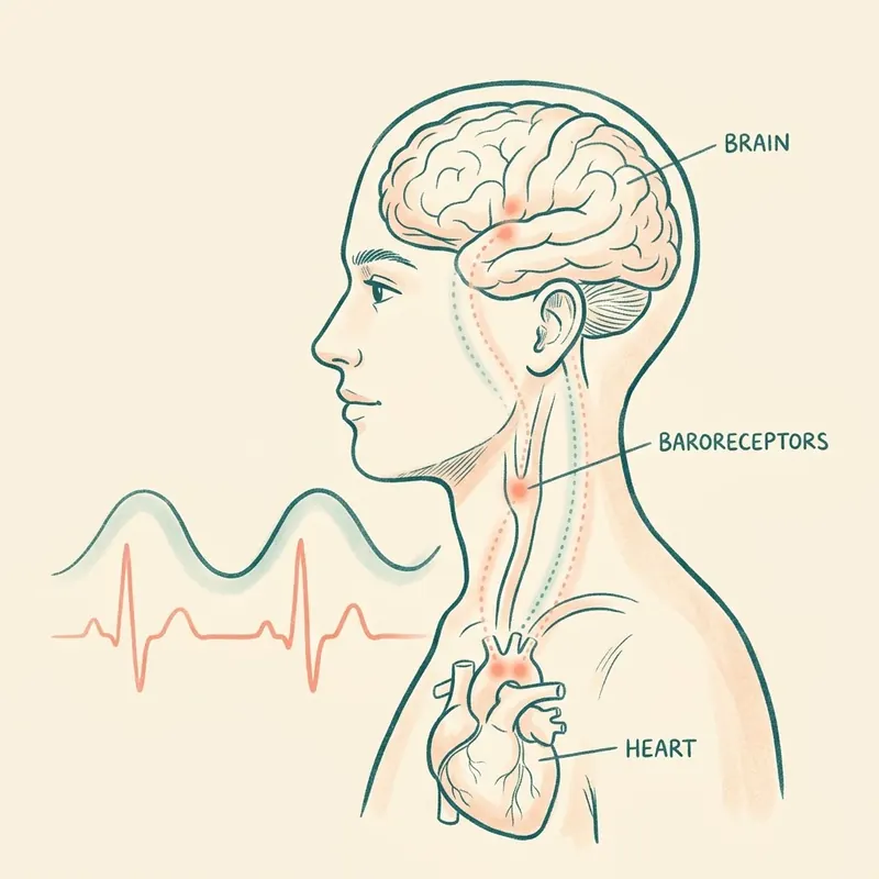 Illustration of the brain, the baroreceptors in the neck and the heart, with a calm breathing wave beside a heartbeat trace