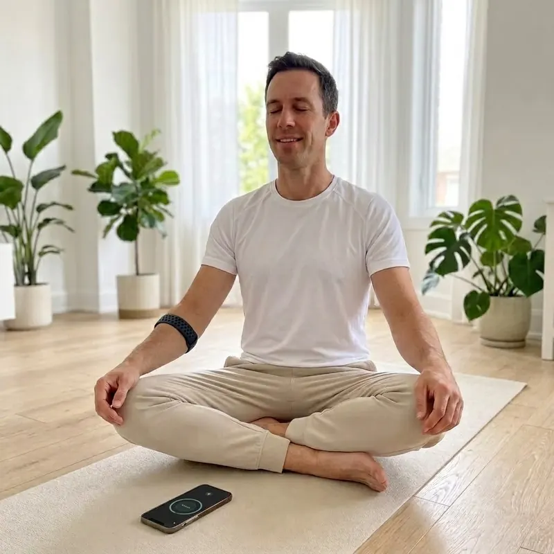 A man sitting cross-legged on a mat, eyes closed, Armband on, phone on the floor in front of him