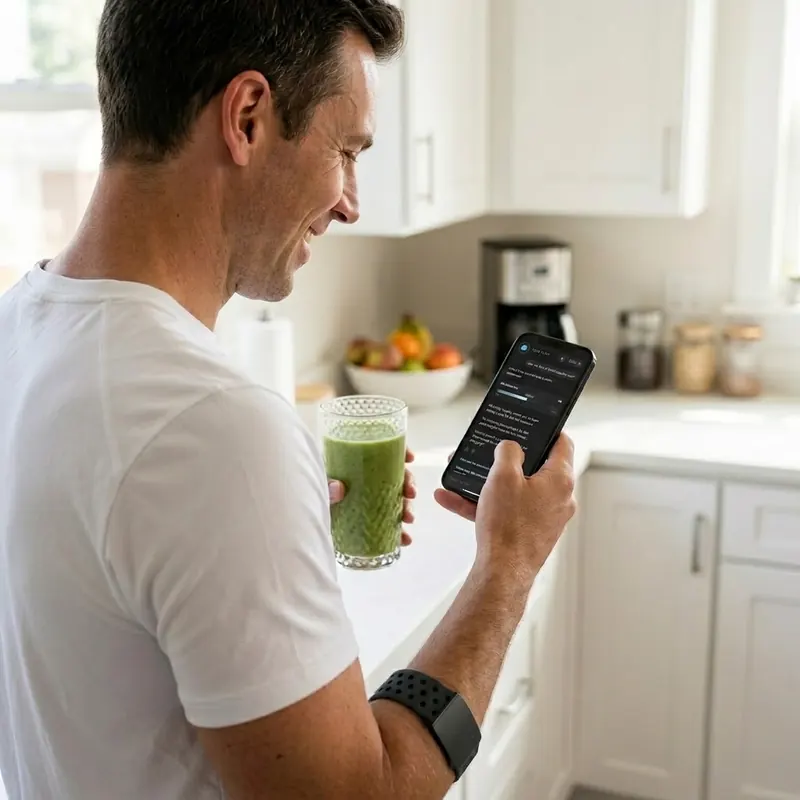 A man in his kitchen reading a note from Vega, the in-app coach, on his phone