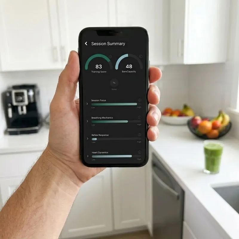 A hand holding a phone showing a BaroShift Session Summary with the Training Score and BaroCapacity