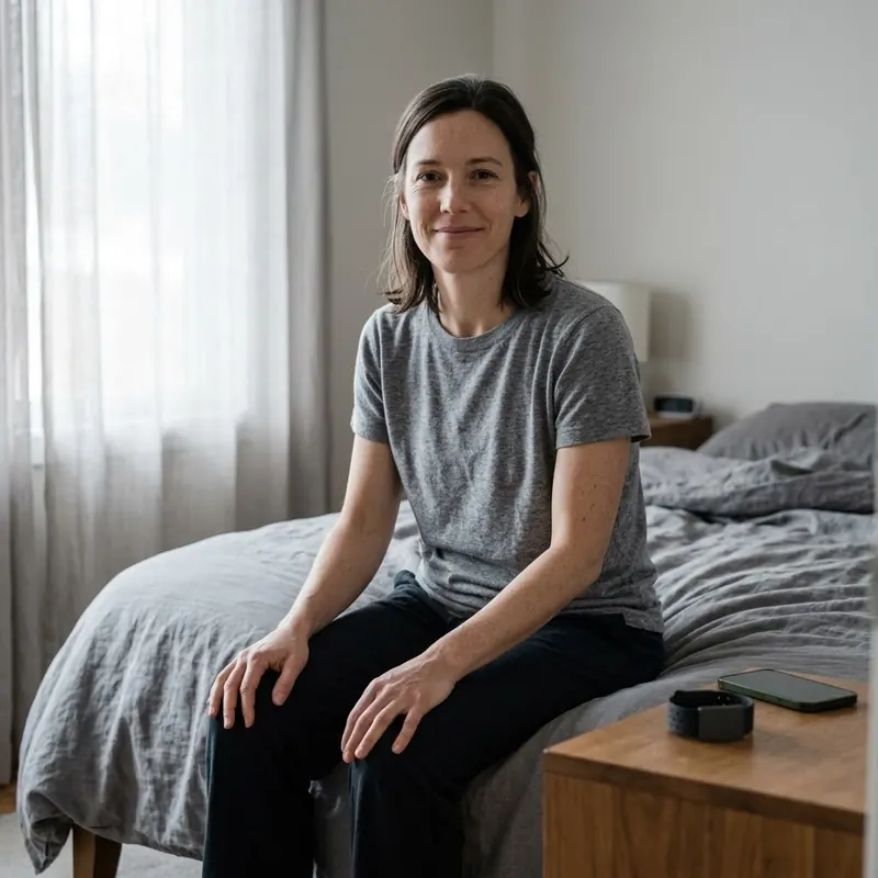 A woman sitting on the edge of her bed in the morning, phone and BaroShift Armband on the bedside table