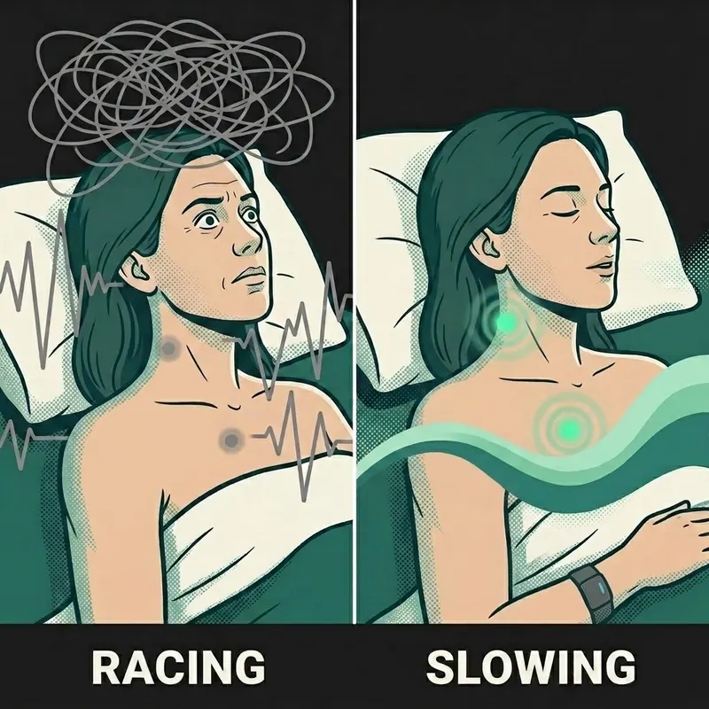 Illustration of a woman in bed: a racing mind on the left, slowing down on the right as the baroreflex settles
