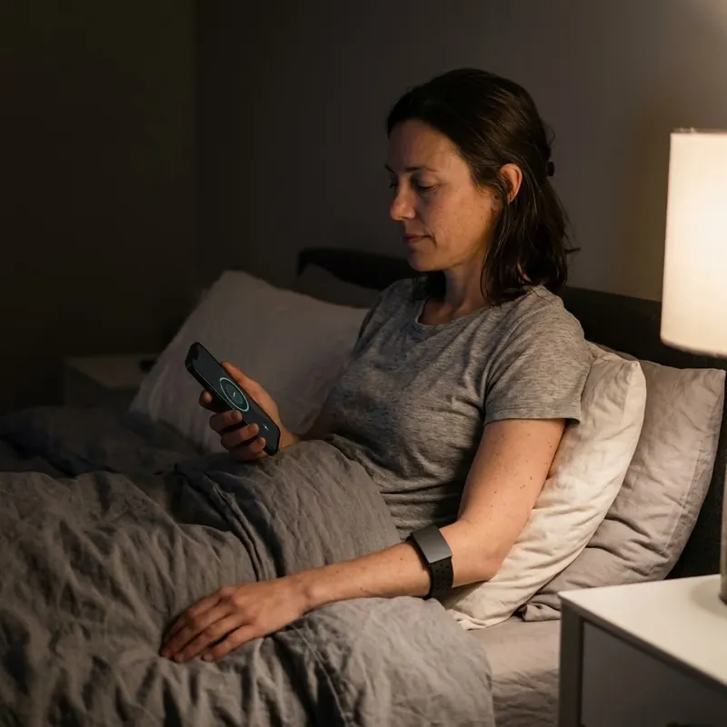 A woman sitting up in bed under a warm lamp, Armband on, starting a session on her phone