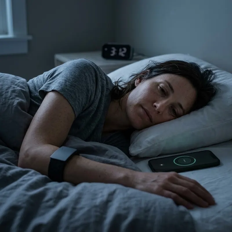 A woman lying awake at 3am, Armband on, phone beside her on the bed