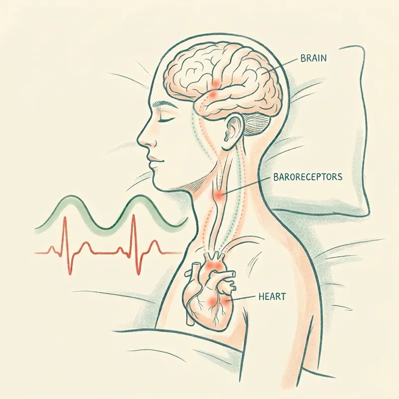 Illustration of the brain, the baroreceptors in the neck and the heart, with a calm breathing wave beside a heartbeat trace