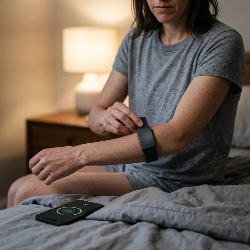 A woman on the edge of her bed fastening the BaroShift Armband, a session open on her phone
