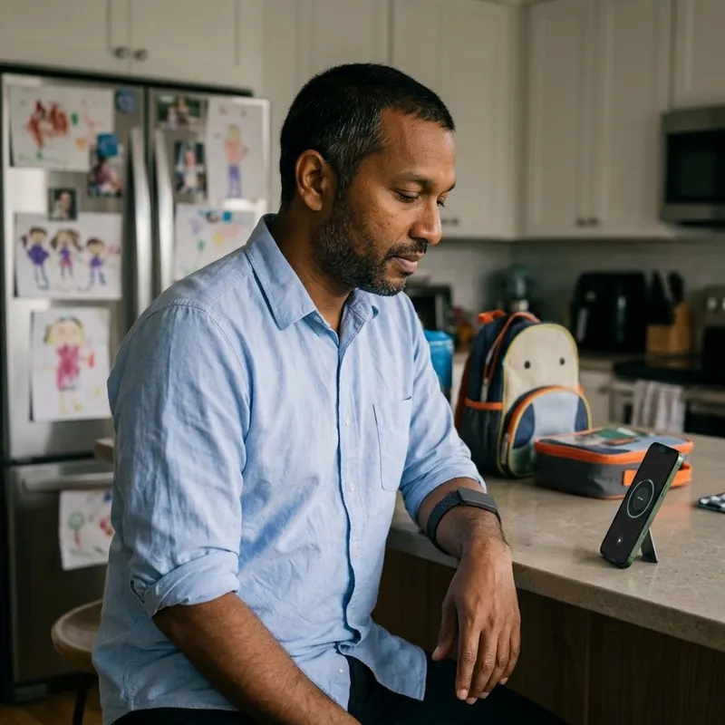 A man at his kitchen counter at the end of the day, Armband on, phone propped up for a session