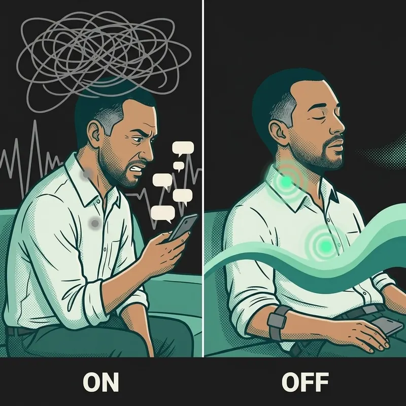 Illustration of a man on a sofa: stress switched on with his phone on the left, switched off and breathing calmly on the right