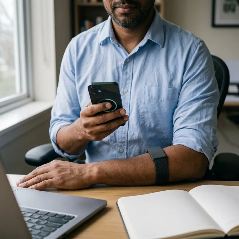 A man at his desk, Armband on, checking a session on his phone