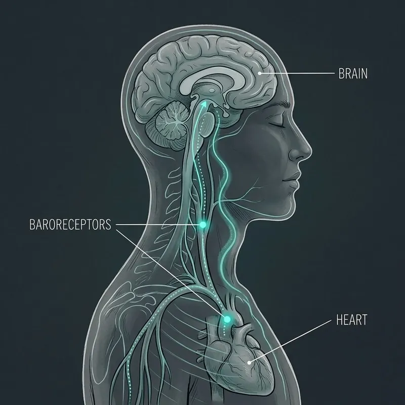 Illustration of the brain, the baroreceptors in the neck and the heart, linked by the nerve pathway between them