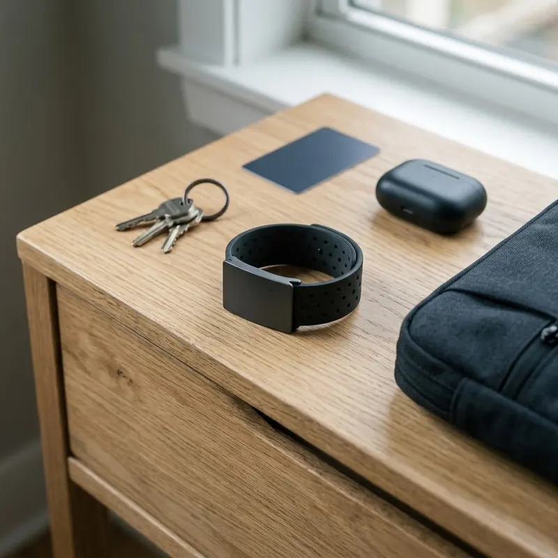 The BaroShift Armband on a bedside table beside keys, earbuds and a bag